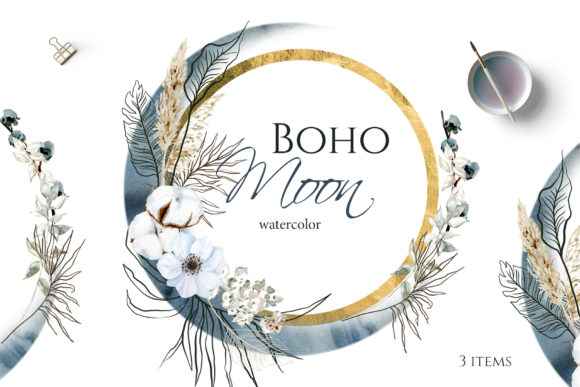 Download Boho Round Floral Frame with Blue Moon - Moon Collection