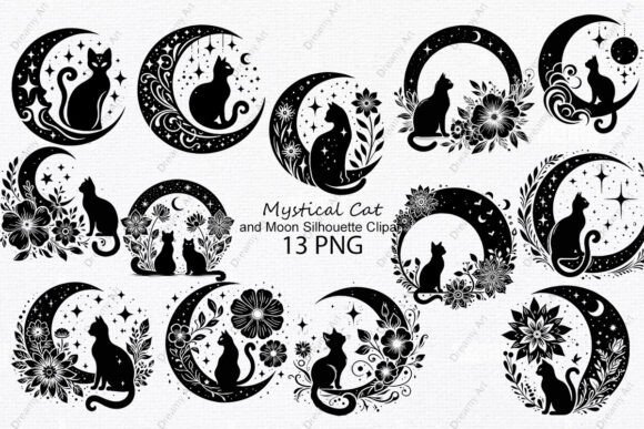 Download Mystical Cat and Moon Silhouette Clipart - Moon Collection