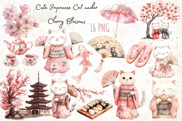 Download Cute Japanese Cat Under Cherry Blossoms - Blossoms Collection