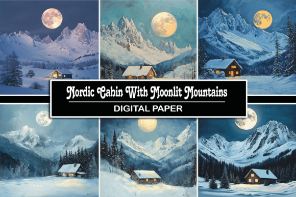 Download Nordic Cabin with Moonlit Mountains - Moon Collection