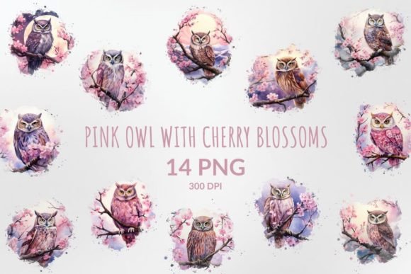 Download Watercolor Pink Owl with Cherry Blossoms - Blossoms Collection